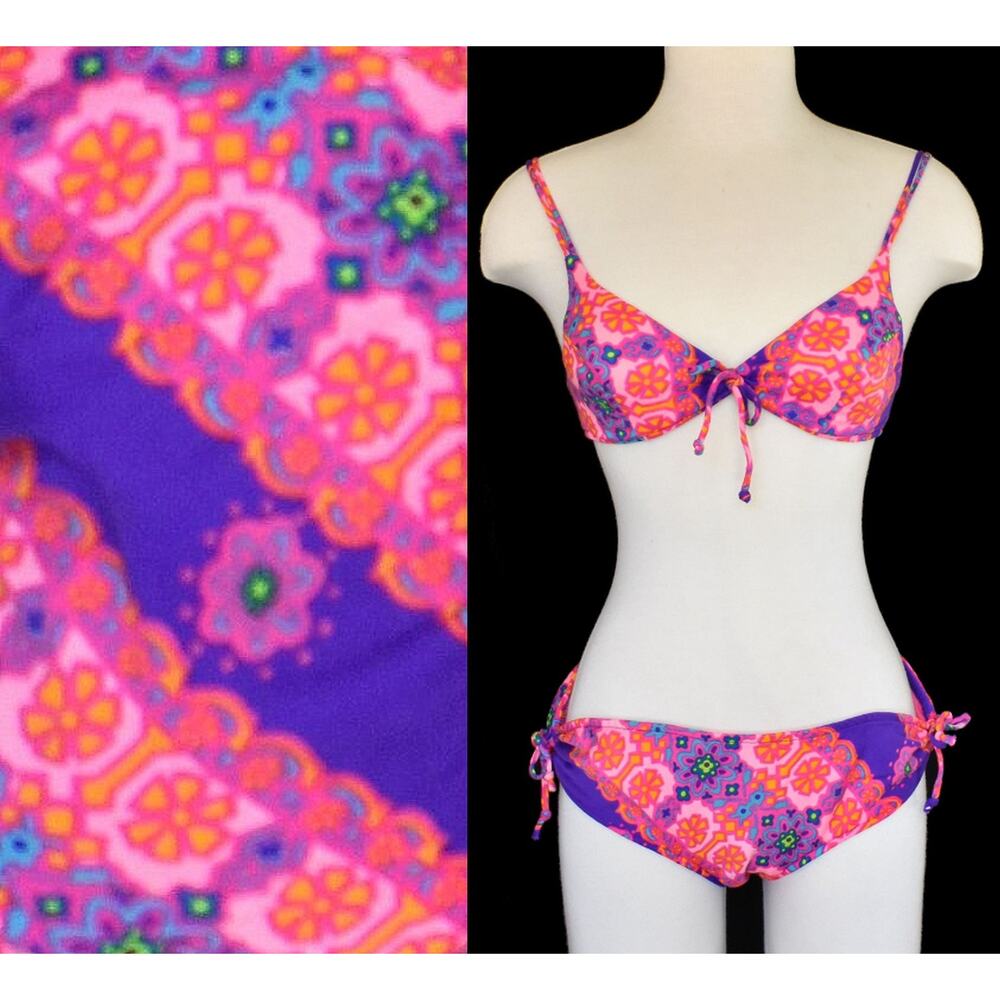 Vintage 70s Two Piece Barkcloth Bikini, Top Drawer Newport Beach, XXS, 2XS
